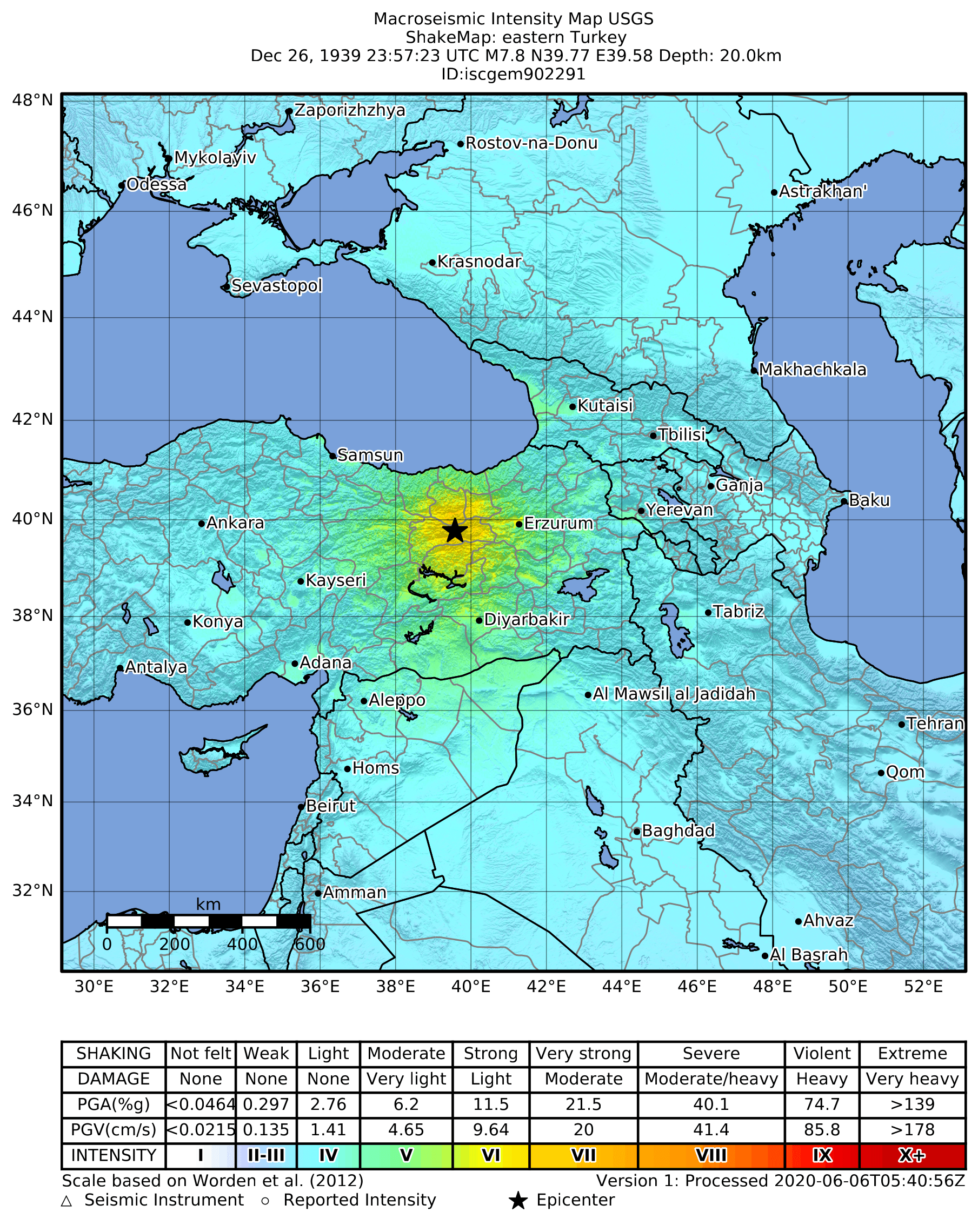 USGS'nin 1939 Erzincan depremi için hazırladığı makrosismik şiddet haritası