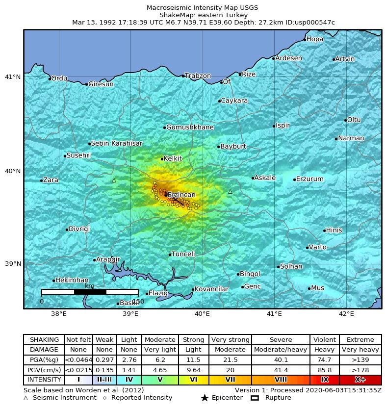 USGS'nin 13 Mart 1992 Erzincan depremi için hazırladığı makrosismik şiddet haritası