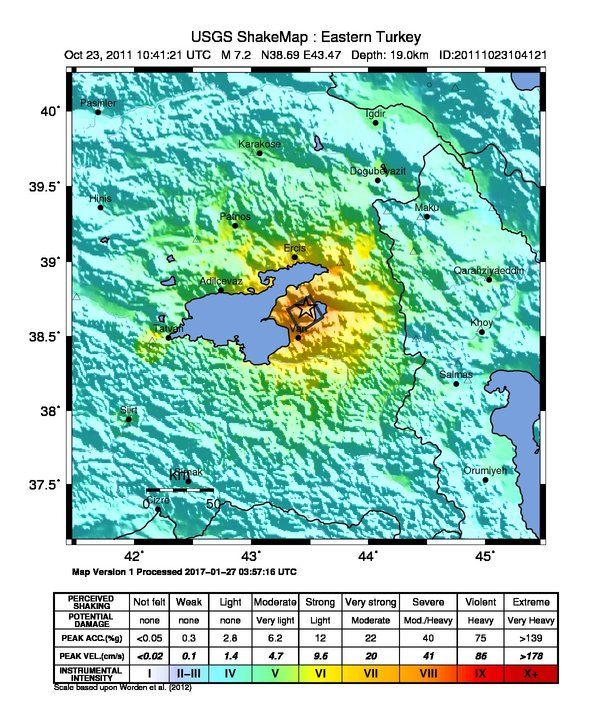 USGS'nin 23 Ekim 2011 Van depremi için hazırladığı şiddet haritası