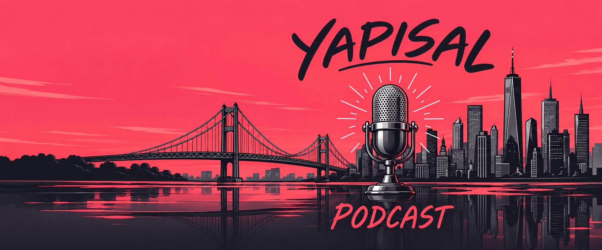 Yapısal Podcast; köprü, şehir silüeti ve mikrofon illüstrasyonu