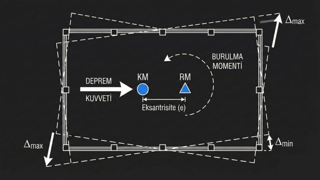 Kütle merkezi (KM) ve rijitlik merkezi (RM) arasındaki dış merkezliği gösteren kat planı şeması