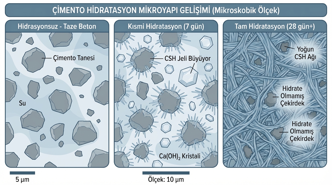Çimento hidratasyonu mikro yapı gelişimi: taze beton (hidratasyon yok), 7 günlük kısmi hidratasyon ve 28+ günlük tam hidratasyonda CSH jeli ağı oluşumu — mikroskobik ölçekte karşılaştırmalı kesit diyagramı