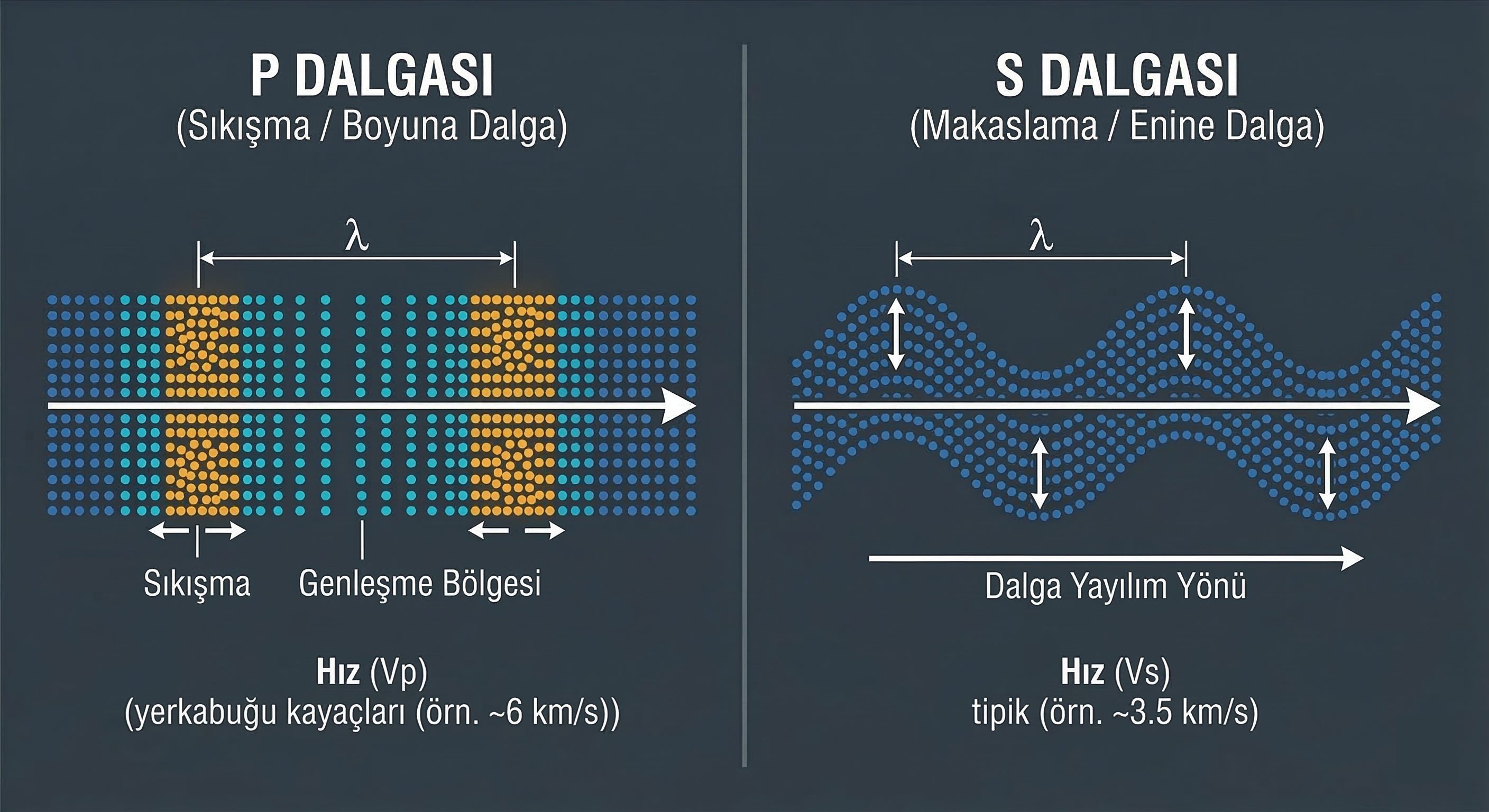 Cisim dalgaları (P-dalgası ve S-dalgası) şeması