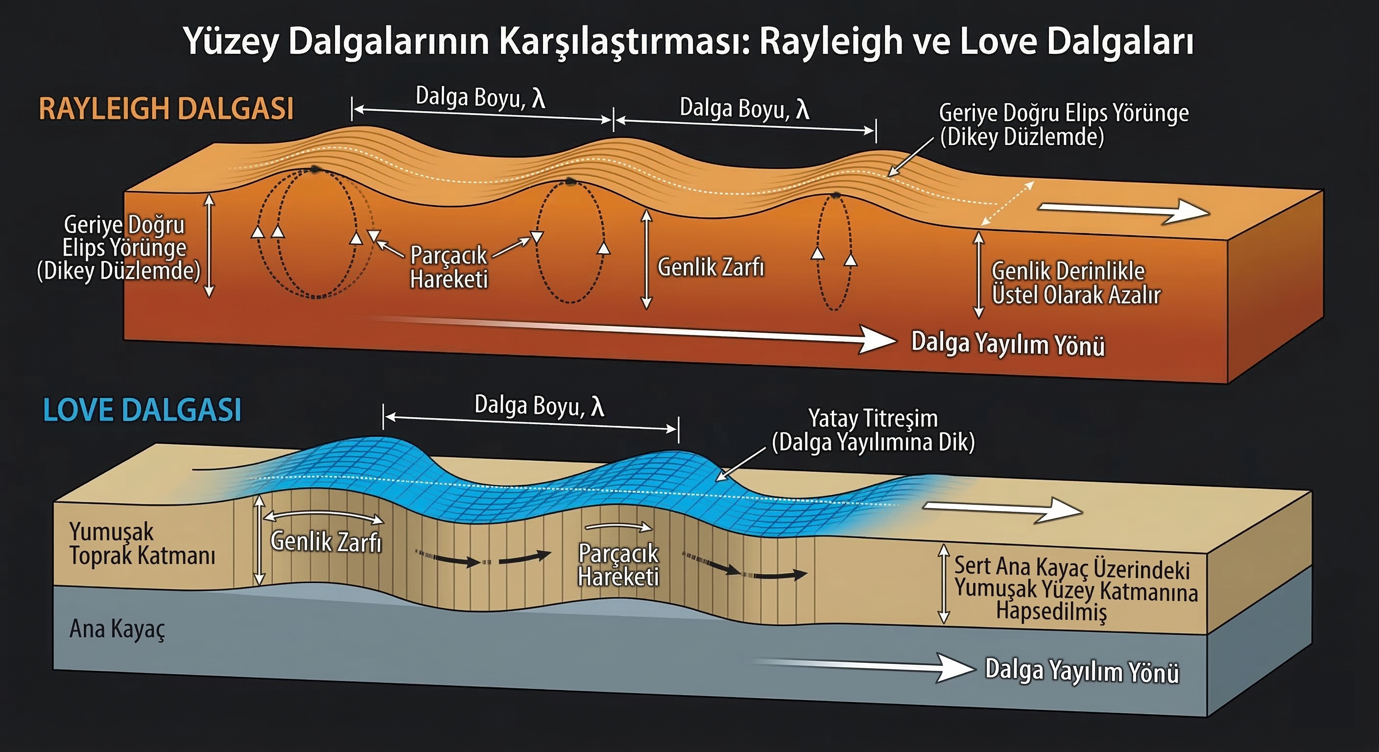 Yüzey dalgaları (Rayleigh ve Love dalgası) şeması