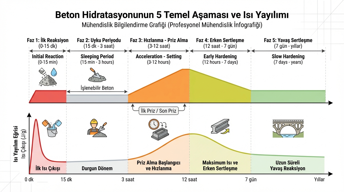 Beton hidratasyonunun 5 temel aşaması ve ısı yayılımı: ilk reaksiyon (0–15 dk), uyku periyodu (15 dk–3 saat), hızlanma ve priz alma (3–12 saat), erken sertleşme (12 saat–7 gün) ve yavaş sertleşme (7 gün–yıllar) — ısı yayılım eğrisi ile birlikte