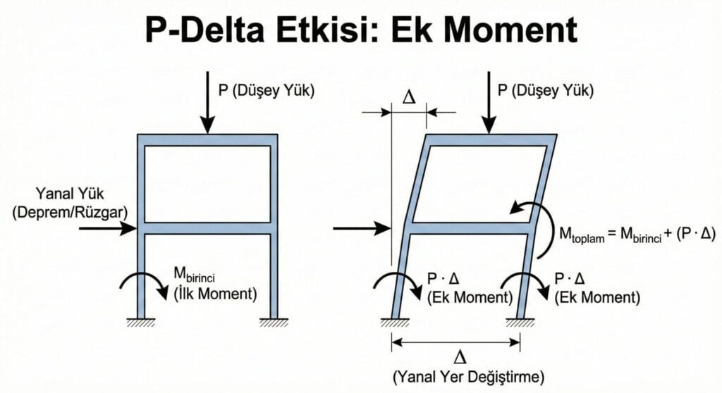 P-Delta (ikinci mertebe) etkisi şeması: düşey yük P'nin yanal yer değiştirme Δ sonucu oluşturduğu ek devrilme momenti