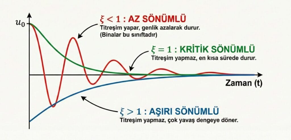 Az sönümlü, kritik sönümlü ve aşırı sönümlü sistemlerin zaman-deplasman grafikleri: ξ küçük 1, ξ eşit 1, ξ büyük 1